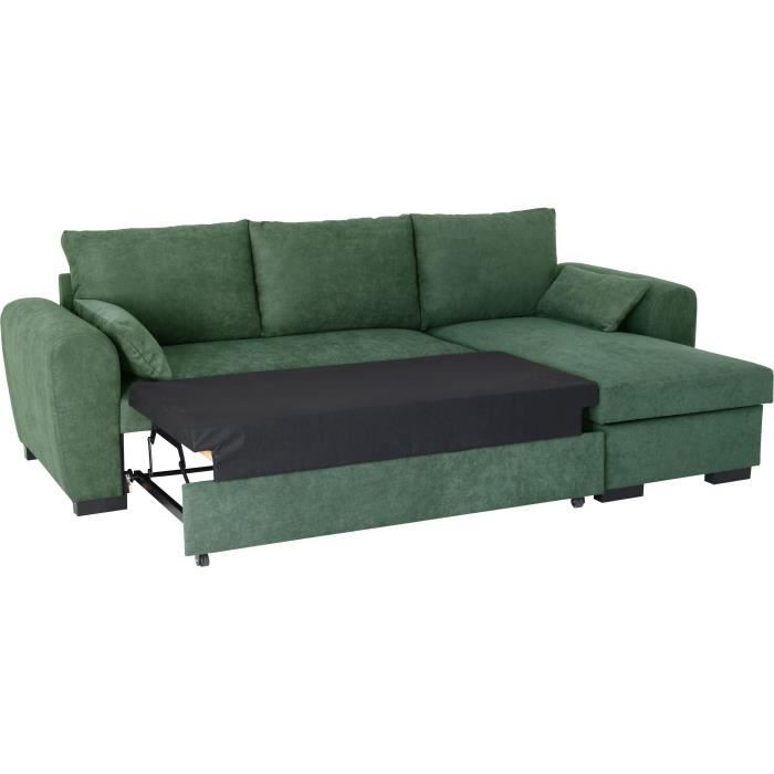 Canapé d'angle convertible réversible MAX - Méridienne avec coffre - Tissu vert - L 240 x P 143 x H 85 cm