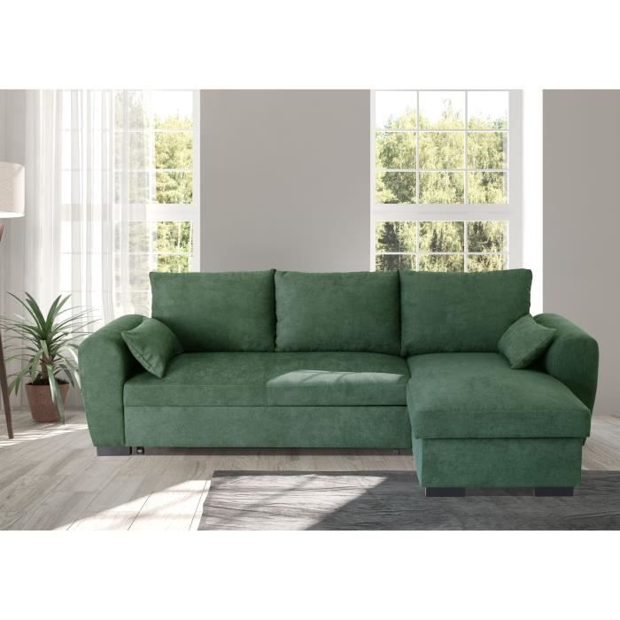 Canapé d'angle convertible réversible MAX - Méridienne avec coffre - Tissu vert - L 240 x P 143 x H 85 cm