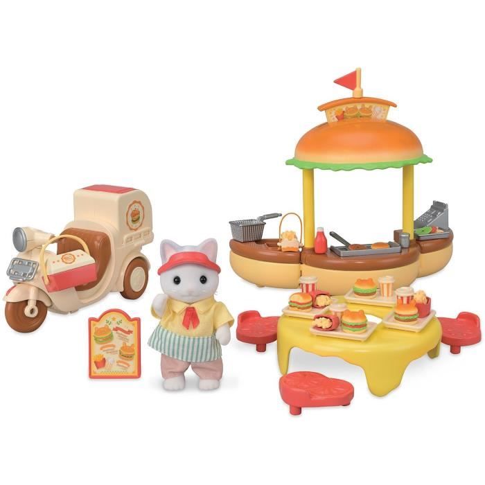 Jeu de Restauration - SYLVANIAN FAMILIES - Stand de Hamburgers - Papa Chat Latté et Scooter