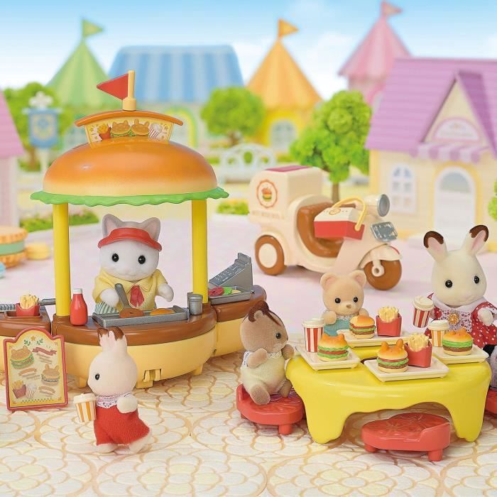 Jeu de Restauration - SYLVANIAN FAMILIES - Stand de Hamburgers - Papa Chat Latté et Scooter