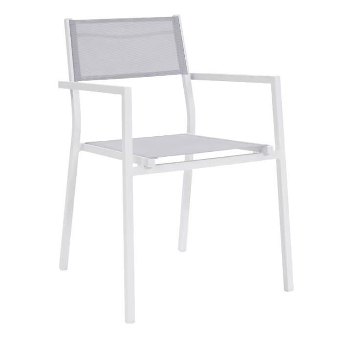 Ensemble repas 6 personnes - Table extensible aluminium avec plateau en verre 160/240 + 6 fauteuils assise textilene - Blanc