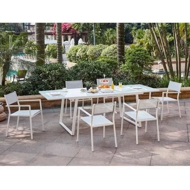 Ensemble repas 6 personnes - Table extensible aluminium avec plateau en verre 160/240 + 6 fauteuils assise textilene - Blanc