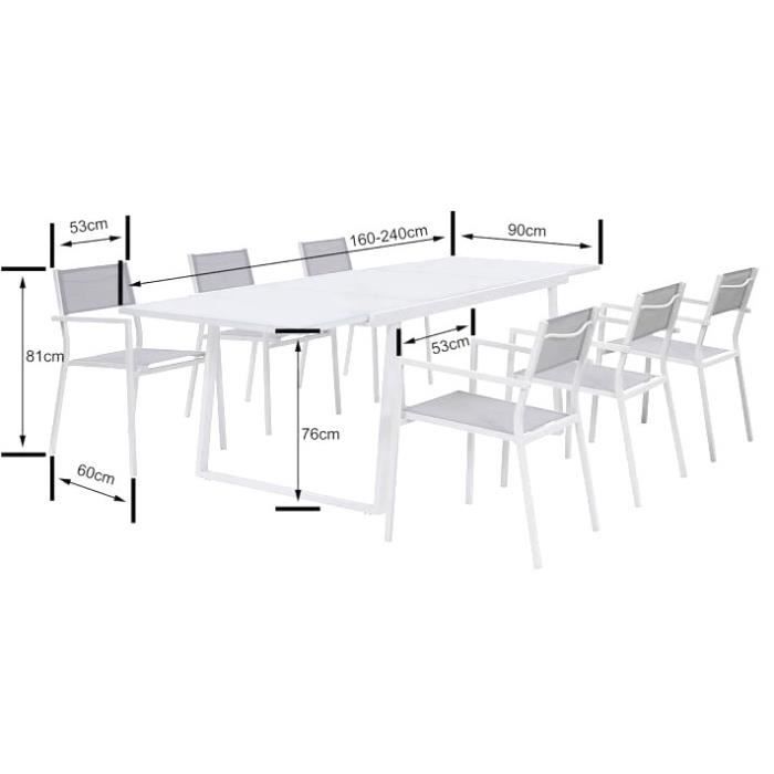 Ensemble repas 6 personnes - Table extensible aluminium avec plateau en verre 160/240 + 6 fauteuils assise textilene - Blanc