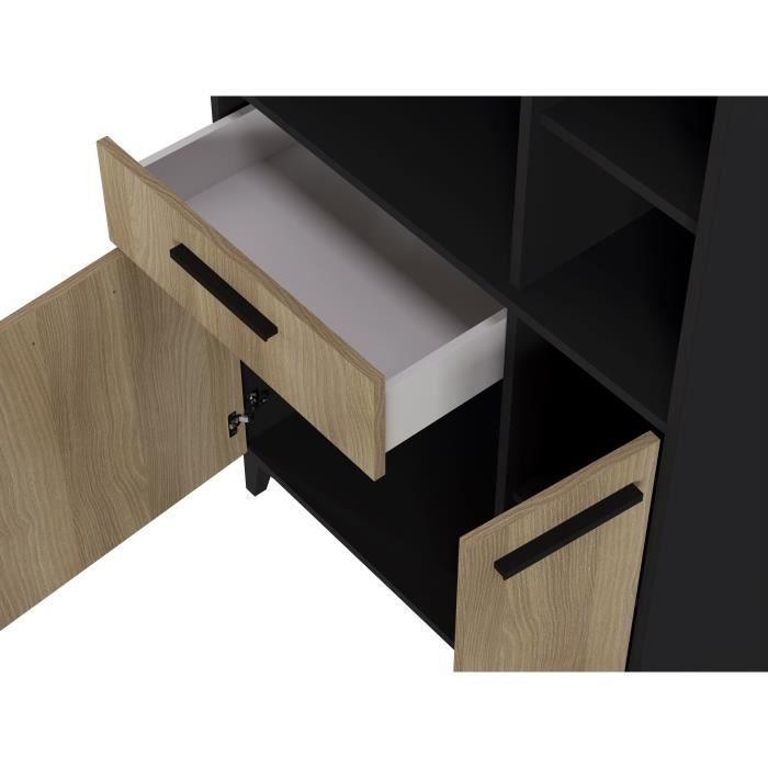 Buffet haut de cuisine ECO - 3 portes et 1 tiroir - Mélamine chene et noir - L 80 x P 40 x H 178 cm