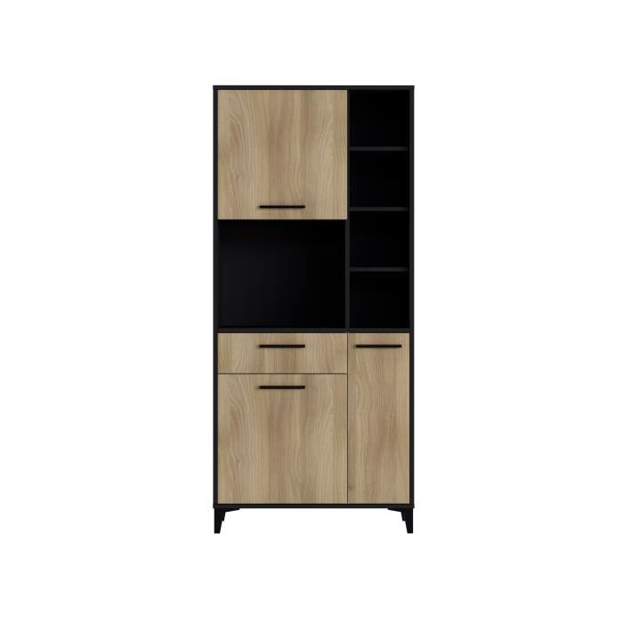 Buffet haut de cuisine ECO - 3 portes et 1 tiroir - Mélamine chene et noir - L 80 x P 40 x H 178 cm