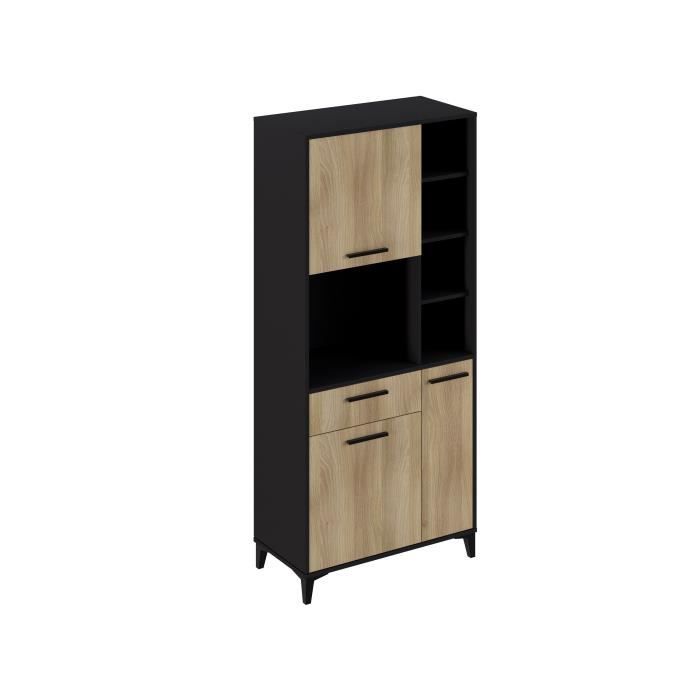 Buffet haut de cuisine ECO - 3 portes et 1 tiroir - Mélamine chene et noir - L 80 x P 40 x H 178 cm