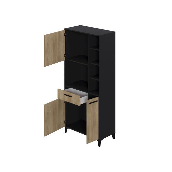 Buffet haut de cuisine ECO - 3 portes et 1 tiroir - Mélamine chene et noir - L 80 x P 40 x H 178 cm