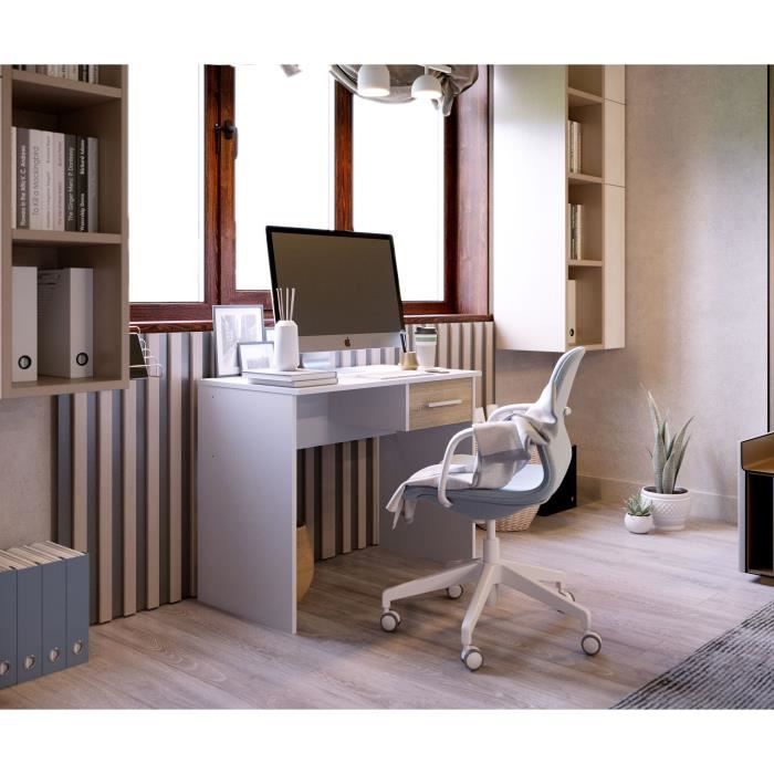 Bureau Petit Tiroir - Décor blanc et chene -  L 90 x P 50 x H 74 cm