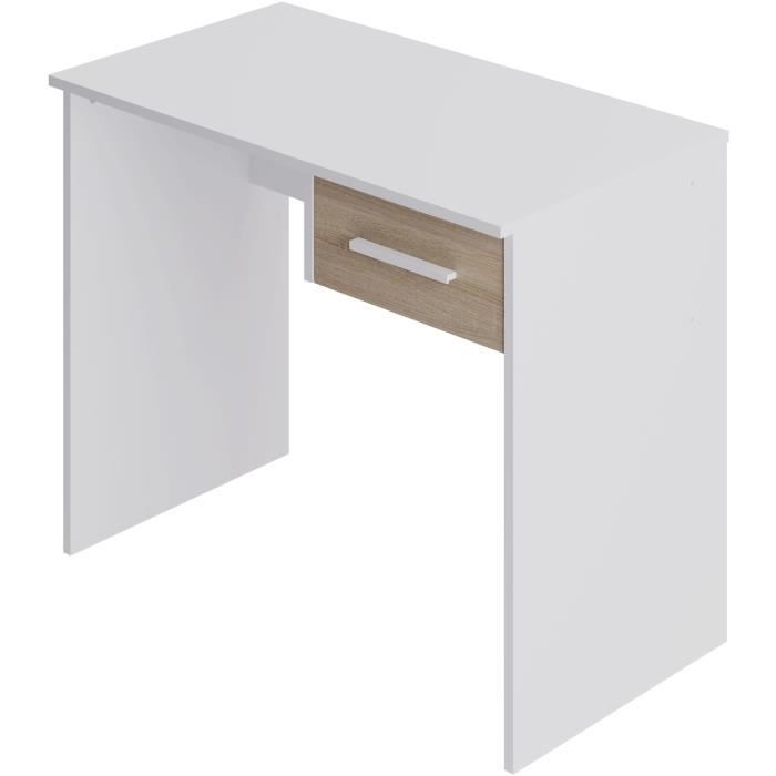 Bureau Petit Tiroir - Décor blanc et chene -  L 90 x P 50 x H 74 cm