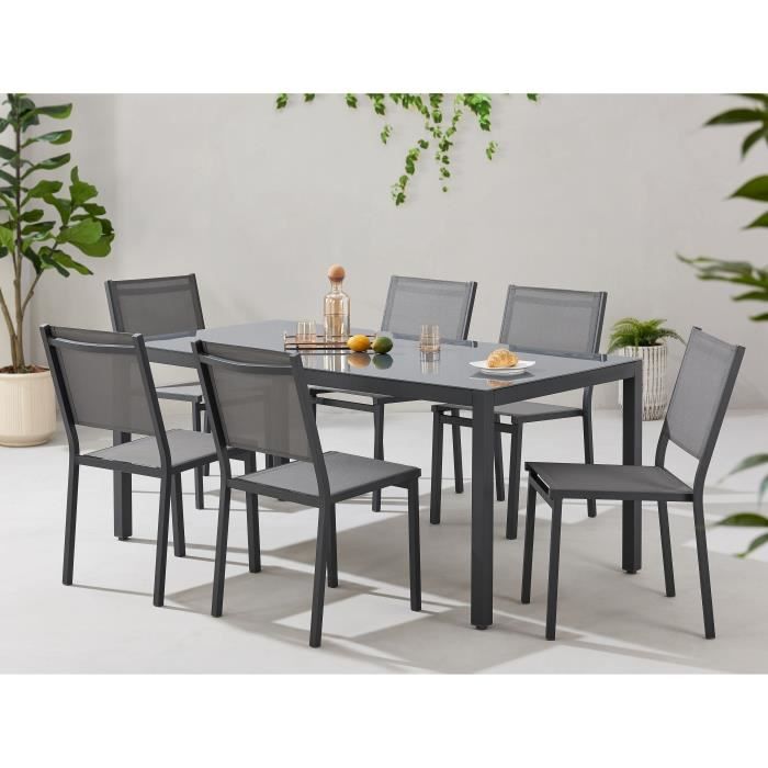 Table de jardin 6 personnes - Structure aluminium - Plateau verre trempé fixé par ventouses - L 160 x H 72 x P 90 cm