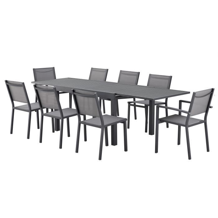 Table de jardin extensible rectangulaire 6 a 10 personnes - Structure aluminium - L 135-270 x P 90 x H 75 cm - Gris foncé