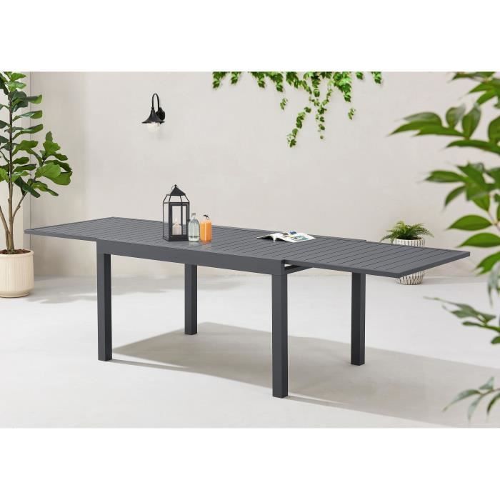 Table de jardin extensible rectangulaire 6 a 10 personnes - Structure aluminium - L 135-270 x P 90 x H 75 cm - Gris foncé