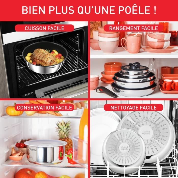 TEFAL INGENIO Emotion Batterie de cuisine 10 p, Induction, Acier inoxydable, Revetement antiadhésif, Poeles, Casseroles L897AS04