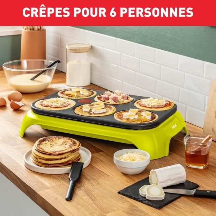 TEFAL Appareil a crepes, 6 empreintes, Revetement antiadhésif, 6 spatules et 1 louche incluses, Fabriqué en France PY559312