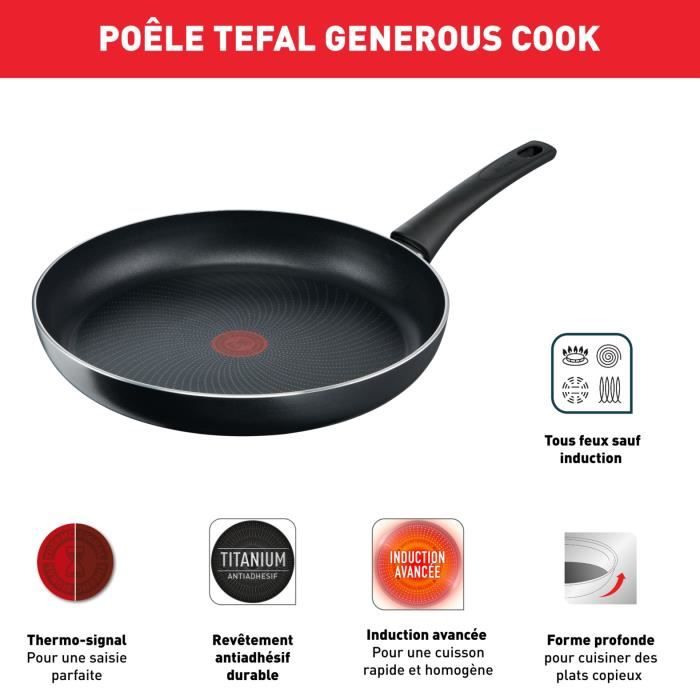 TEFAL Generous Cook Batterie de cuisine 6 p, Casserole, Poele, Sauteuse + couv, Induction, Antiadhésif, Fabriqué en France C2789602