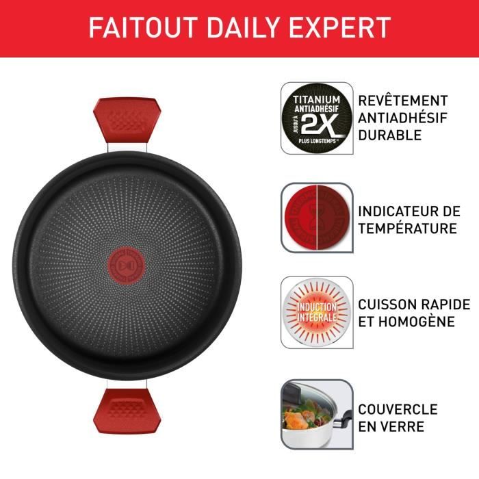 TEFAL Faitout 24 cm, Induction, Revetement antiadhésif, Couvercle verre, Ergonomique, Fabriqué en France, Daily Expert C2894602