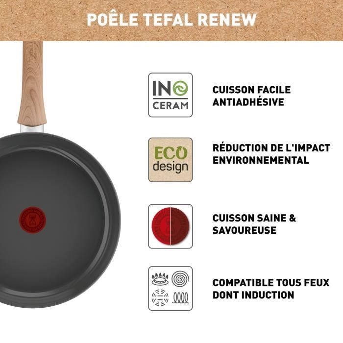 TEFAL Renew Poele 24 cm, Induction, Revetement antiadhésif céramique, Eco-conçue, Fabriqué en France C4250413