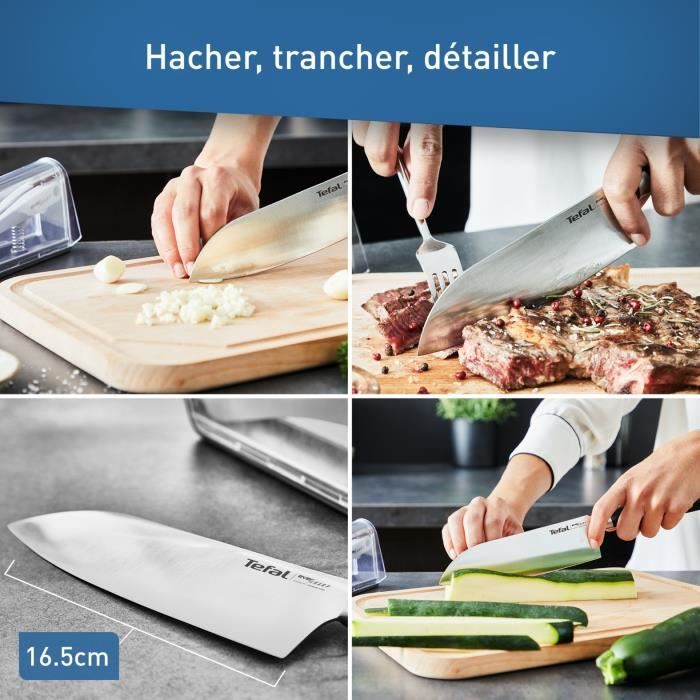 TEFAL Ever Sharp Couteau de cuisine Santoku 16,5 cm, Aiguiseur intégré, Technologie sécurisée, Acier inoxydable allemand K2579024