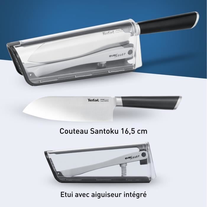 TEFAL Ever Sharp Couteau de cuisine Santoku 16,5 cm, Aiguiseur intégré, Technologie sécurisée, Acier inoxydable allemand K2579024