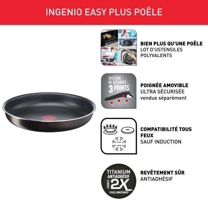 TEFAL INGENIO Easy Plus Poele 28 cm, Non induction, Antiadhésif, Empilable, Compatible Lave-vaisselle, Fabriqué en France L1509202