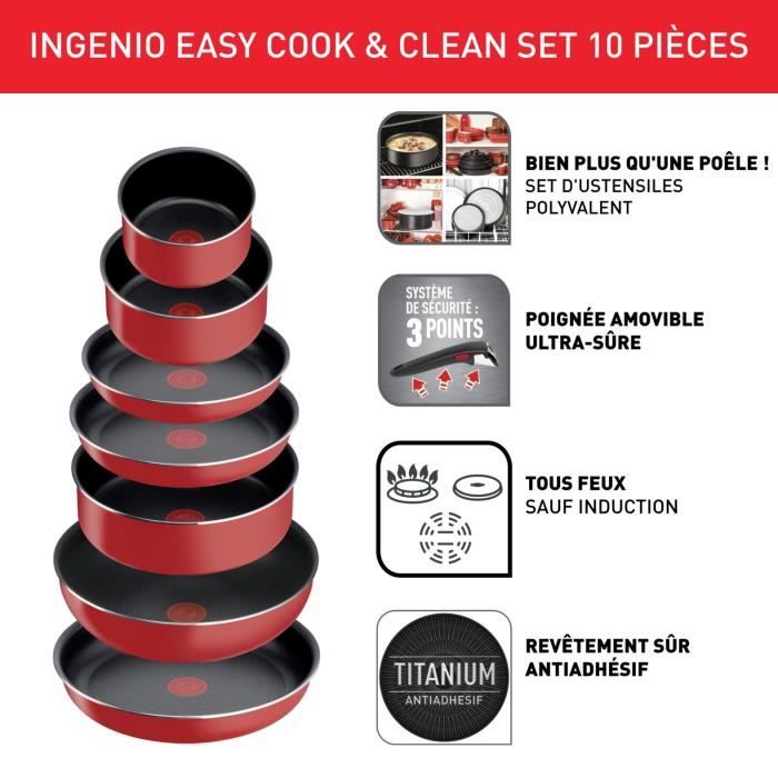 TEFAL INGENIO Easy Cook & Clean Lot 10 pieces, Poele, Casserole, Non induction, Revetement antiadhésif, Fabriqué en France L1529402