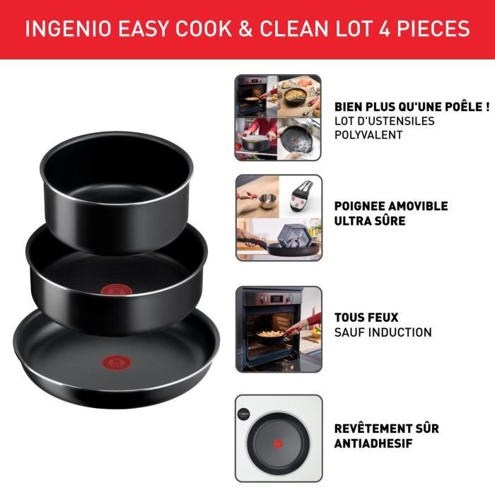 TEFAL INGENIO Easy Cook & Clean Lot 4 pieces, Poele, Casserole, Non induction, Revetement antiadhésif, Fabriqué en France L1539302