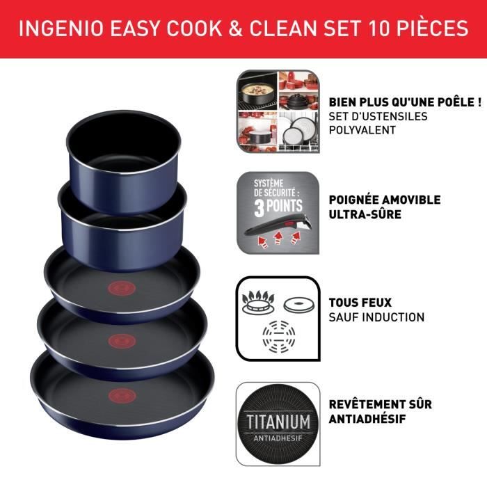 TEFAL INGENIO Easy Cook & Clean Lot 10 pieces, Poele, Casserole, Non induction, Revetement antiadhésif, Fabriqué en France L1579102