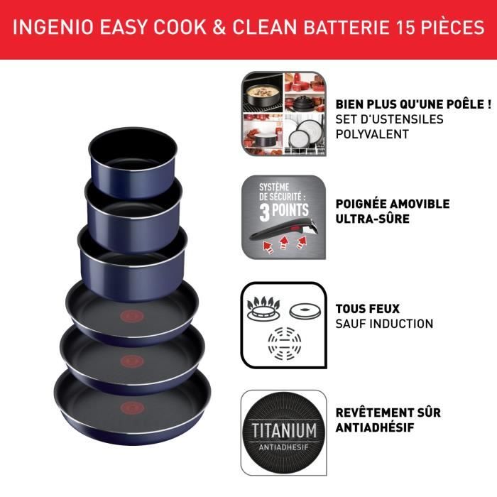 TEFAL INGENIO Easy Cook & Clean Lot 15 pieces, Poele, Casserole, Non induction, Revetement antiadhésif, Fabriqué en France L1579502