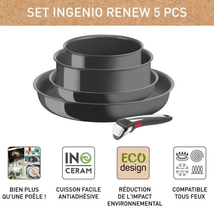 TEFAL INGENIO Renew Batterie de cuisine 5 pieces, Induction, Céramique antiadhésive, Eco-conçue, Fabriqué en France L2619002