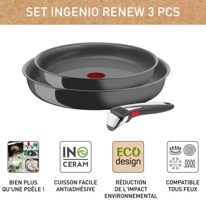 TEFAL INGENIO Renew Lot de 2 poeles + poignée, Induction, Céramique antiadhésive, Lave-vaisselle, Fabriqué en France L2619102