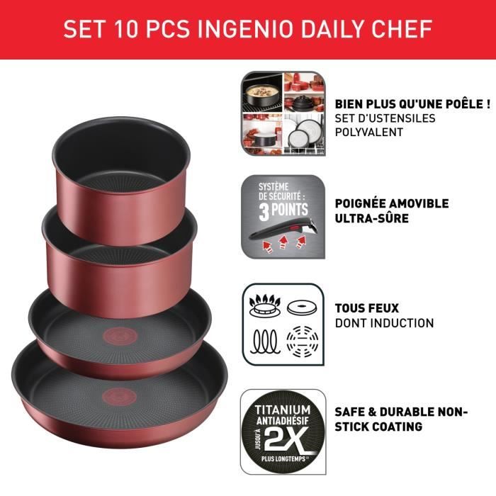 TEFAL INGENIO Daily Chef Batterie de cuisine 10 p, Induction, Revetement antiadhésif, Poeles casseroles, Fabriqué en France L3989402