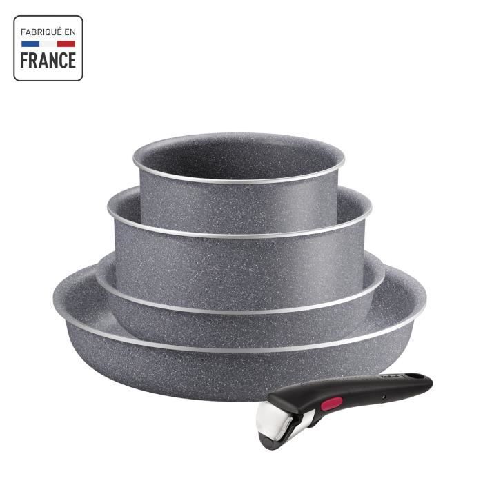 TEFAL INGENIO Hard Stone Lot Poeles 22/26 cm, Casseroles 16/20 cm, Poignée, Non induction, Antiadhésif, Fabriqué en France L4409002