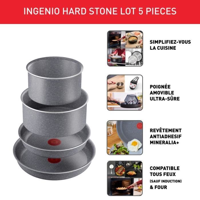 TEFAL INGENIO Hard Stone Lot Poeles 22/26 cm, Casseroles 16/20 cm, Poignée, Non induction, Antiadhésif, Fabriqué en France L4409002