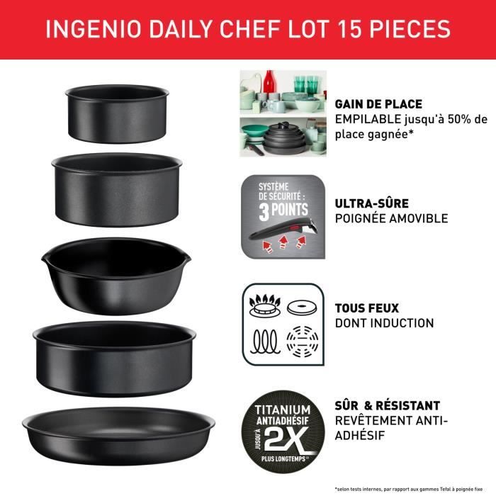 TEFAL INGENIO Batterie de cuisine 15 pcs, Induction, Revetement antiadhésif, Cuisson saine, Fabriqué en France, Daily Chef L7629902