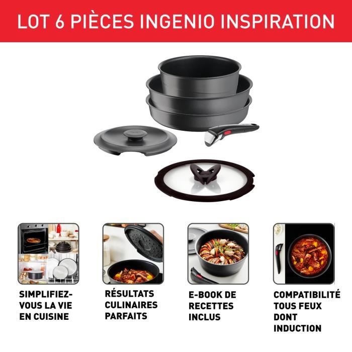 TEFAL INGENIO Lot 6 pieces, Induction, Fonte aluminium, Antiadhésif, Poele, Cocotte, Couvercle fonte + verre, Inspiration L867S604