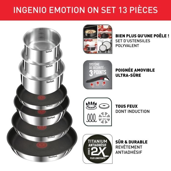 TEFAL INGENIO Emotion On Batterie de cuisine 13 p, Induction, Acier inoxydable, Revetement antiadhésif, Poeles, Casseroles L897DS04