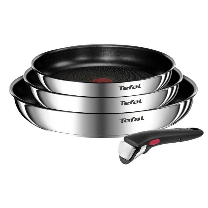 TEFAL INGENIO Emotion 3 poeles 22/24/28 cm + poignée amovible, Inox, Revetement antiadhésif, Compatible lave-vaisselle L897S404