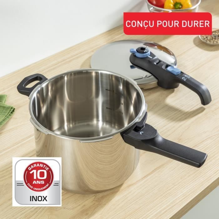 TEFAL Cocotte-minute inox, Autocuiseur 6 L, Induction, Programmes légumes et viande, 5 points de sécurité, Secure Trendy P2580700