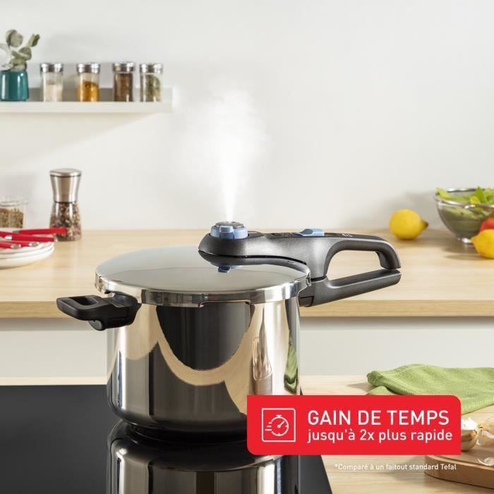 TEFAL Cocotte-minute inox, Autocuiseur 6 L, Induction, Programmes légumes et viande, 5 points de sécurité, Secure Trendy P2580700