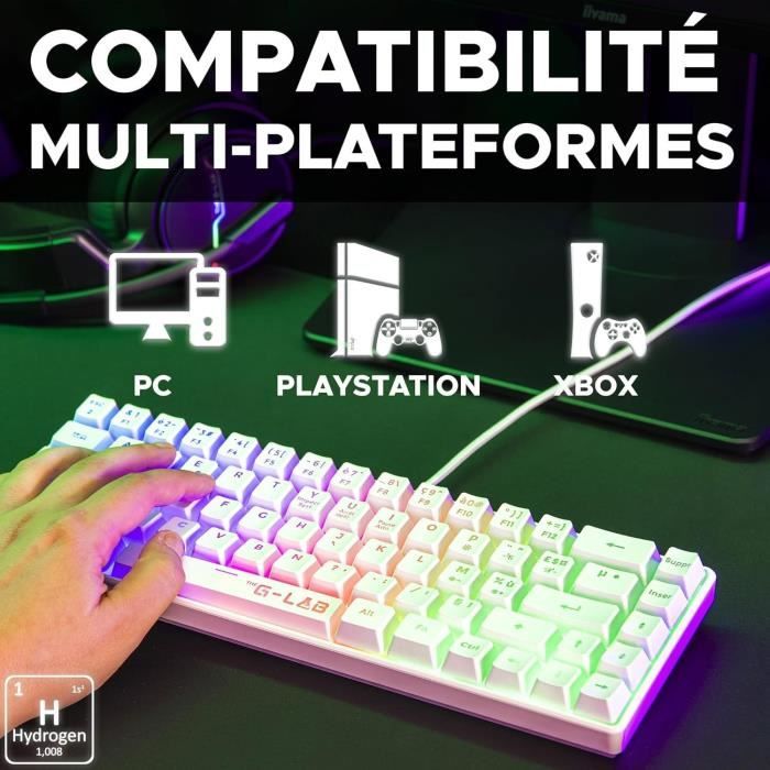 Clavier Gamer - The G-Lab - KEYZ HYDROGEN - 60% Format Compact - Rétroéclairé - Filaire - Blanc