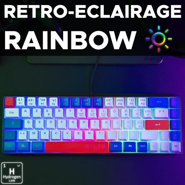 Clavier Gamer - The G-Lab - KEYZ HYDROGEN - 60% Format Compact - Rétroéclairé - Filaire - Bleu/Blanc/Rouge