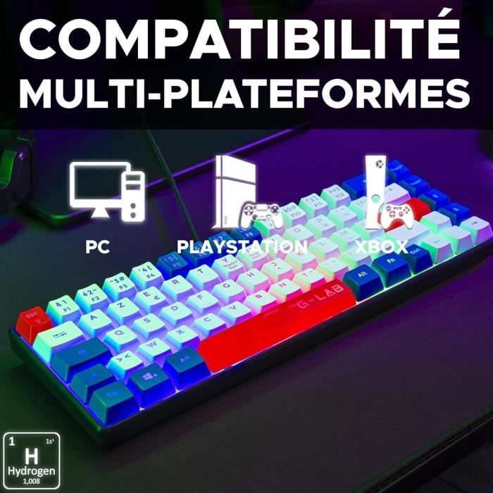 Clavier Gamer - The G-Lab - KEYZ HYDROGEN - 60% Format Compact - Rétroéclairé - Filaire - Bleu/Blanc/Rouge