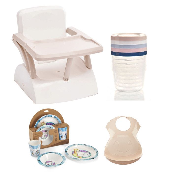 Pack Repas 2eme Âge - Thermobaby - Rehausseur chaise - 5 boîtes de conservation - Coffret vaisselle  - Bavoir semi-rigide