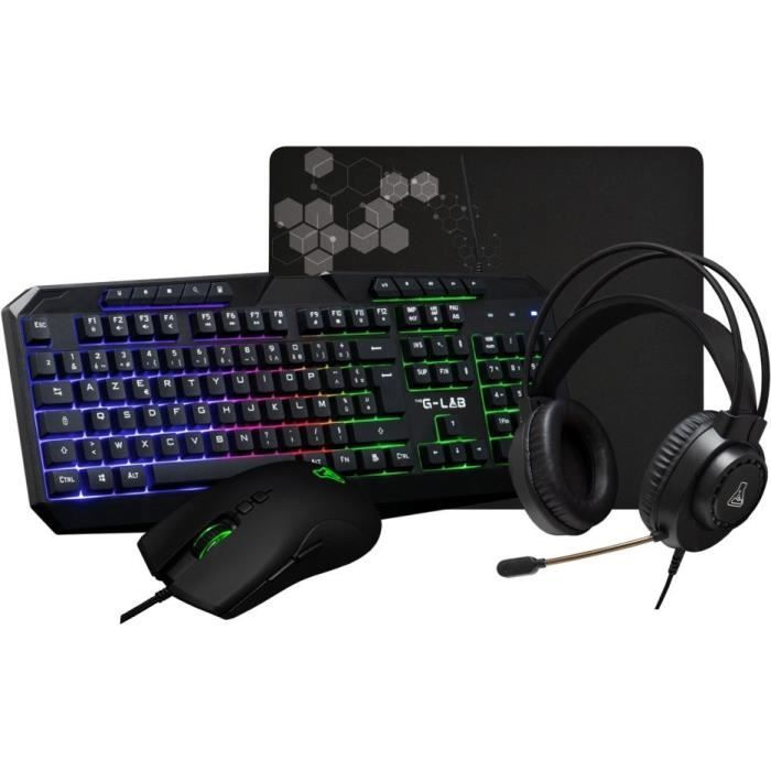 Pack Gamer 4 en 1 - The G-Lab - COMBO NATRIUM - Souris Filaire - Clavier Filaire - Casque Filaire - Tapis de Souris