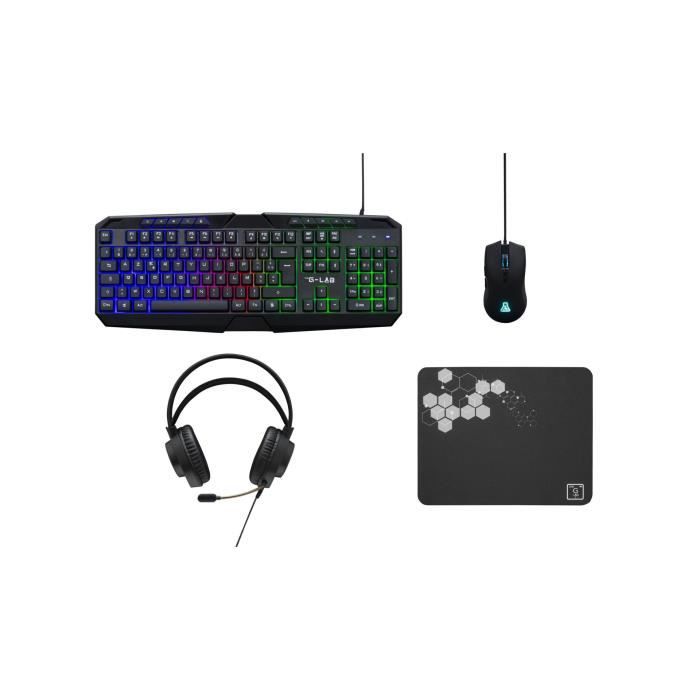 Pack Gamer 4 en 1 - The G-Lab - COMBO NATRIUM - Souris Filaire - Clavier Filaire - Casque Filaire - Tapis de Souris