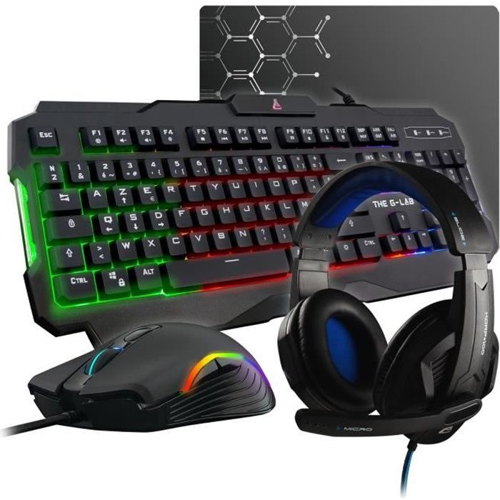 Pack Gamer 4 en 1 - The G-Lab - COMBO ARGON - Souris Filaire - Clavier Filaire - Casque Filaire - Tapis de Souris