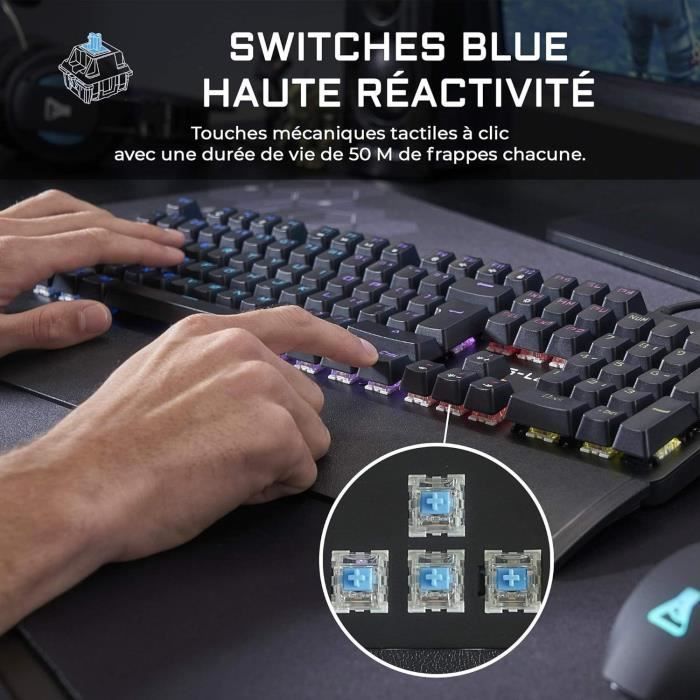 Clavier Gamer - The G-Lab - KEYZ CARBON E - Mécanique (Switch Bleu) - Rainbow - Repose Poignet - Filaire - Azerty - Noir