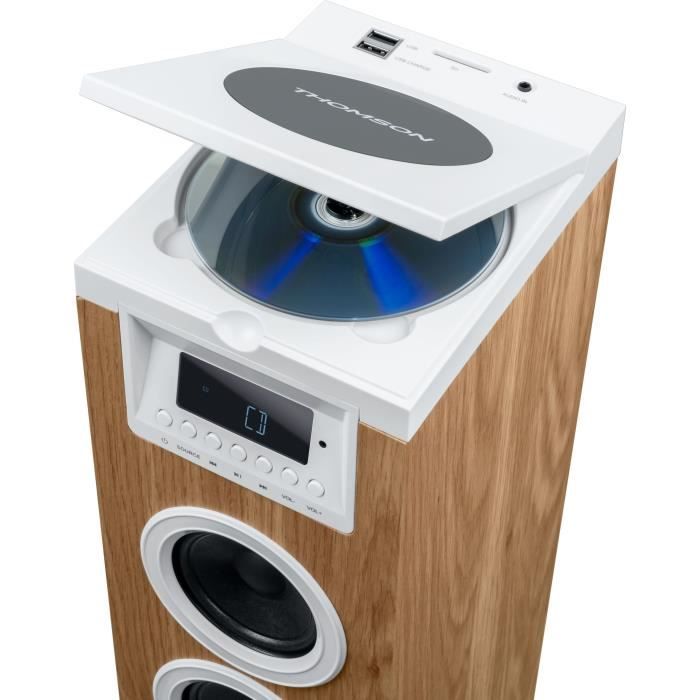 Tour haut-parleur - THOMSON - Bluetooth/CD/USB/SD - Blanc/Bois - 60W - Radio FM