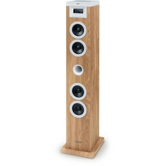 Tour haut-parleur - THOMSON - Bluetooth/CD/USB/SD - Blanc/Bois - 60W - Radio FM