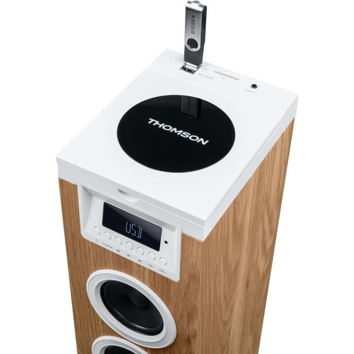 Tour haut-parleur - THOMSON - Bluetooth/CD/USB/SD - Blanc/Bois - 60W - Radio FM